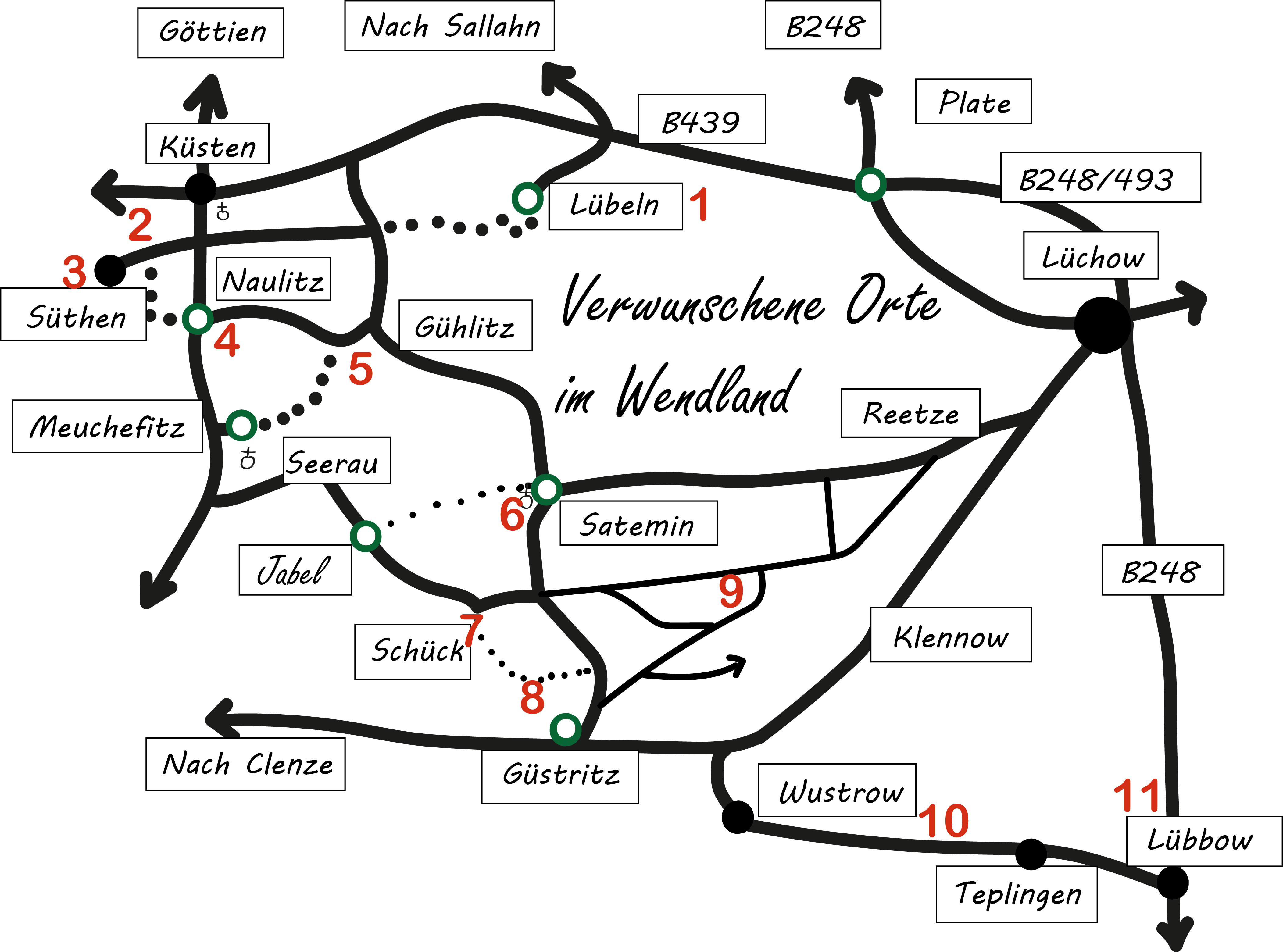 Eine Karte auf der die verwunschenen Orte eingezeichnet sind